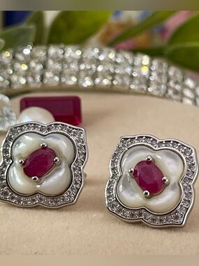 Ruby Mother of Pearl Sterling Silver Earrings 2.67ct